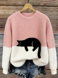 Damen Oversized Pullover mit Farbblockdesign und Katzenmotiv in Rosa