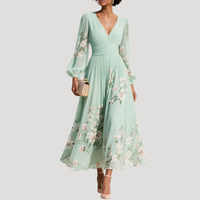Amelie | Damen Blumenkleid Langarm Midi Kleid in Hellgrün