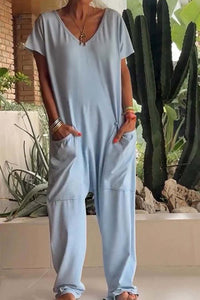 Amira | Damen V Ausschnitt Kurze Ärmel Jumpsuit in Blau