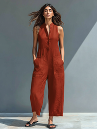 Anastasia | Damen Ärmellos Jumpsuit mit Knopfleiste in Rot