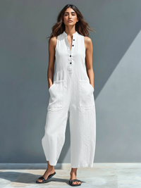 Anastasia | Damen Ärmellos Jumpsuit mit Knopfleiste in Weiß