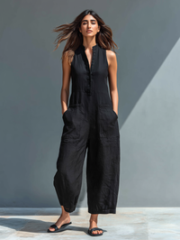 Anastasia | Damen Ärmellos Jumpsuit mit Knopfleiste in Schwarz