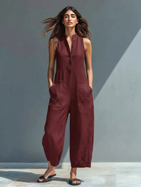 Anneliese | Damen Ärmelloser Jumpsuit mit Knopfverschluss in Rot