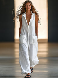 Annerose | Damen Ärmellos Weites Bein Jumpsuit in Weiß