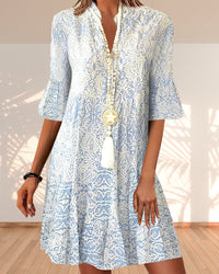 Anouk | Damen Boho Kleid V-Ausschnitt 3/4 Ärmel in Blau