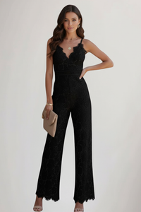 Ärmelloser Spitzen-Jumpsuit mit V-Ausschnitt und weitem Bein für Damen in Schwarz