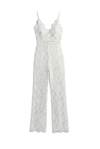 Ärmelloser Spitzen-Jumpsuit mit V-Ausschnitt und weitem Bein für Damen in Weiß