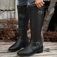 Calixta | Damen kniehohe Stiefel mit Doppelschnallen in Schwarz