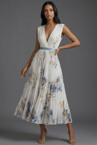 Amelie | Brautmutter Kleid Midi Blumenkleid mit tiefem V-Ausschnitt und Plisseerock in Weiß