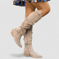 Ailsa | Damen kniehohe Schlupfstiefel mit Ziehlasche in Beige