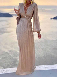 Brigitte | Damen Langarm V-Ausschnitt Maxikleid in Beige