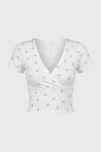 Crop Top Damen - Wickel Stil | V-Ausschnitt mit kurzen Ärmeln in Blumen Weiß
