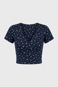 Crop Top Damen - Wickel Stil | V-Ausschnitt mit kurzen Ärmeln in Blumen Marine