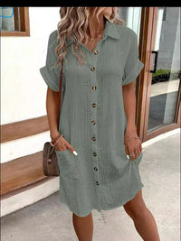 Buttoned Short Sleeve Pocket Casual Shirt Dress in Oliv