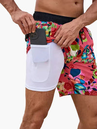 Herren-Badeshorts mit Kompressions- und schnell trocknendem Stoff in Purpurrote Blätter
