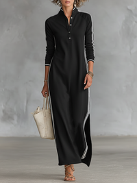 Friederike | Sweat Maxi Kleid Knopfkragen in Schwarz