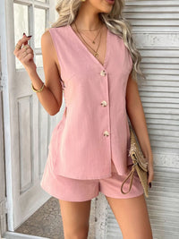 Damen Ärmelloses Sets Oberteil und Shorts mit V Ausschnitt und Knopfleiste in Rosa