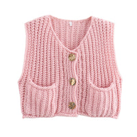 Damen Ärmellose Strickjacken mit V Ausschnitt und Knopfleiste in Rosa