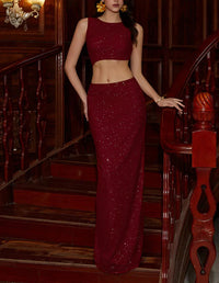 Damen Ärmelloses Maxi-Kleid mit Rundhalsausschnitt und Glitzeroberfläche mit offenem Rücken in Weinrot