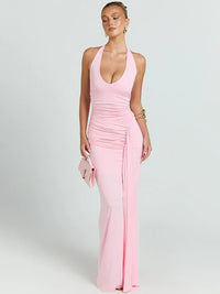 Damen Ärmelloses Maxi-Kleid mit tiefem Halter-V-Ausschnitt und Trägern mit Raffungen und offenem Rücken in Rosa