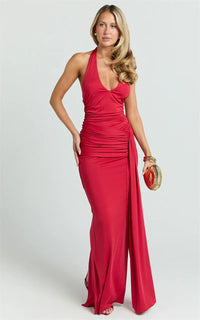 Damen Ärmelloses Maxi-Kleid mit tiefem Halter-V-Ausschnitt und Trägern mit Raffungen und offenem Rücken in Rot