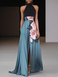 Damen Ärmelloses Maxikleid mit Neckholder-Kragen und Blumenmuster mit Seitenschlitz in Schwarz mit Blumenmuster