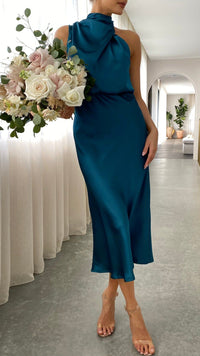 Damen Ärmelloses Midikleid mit Hohem Kragen und Drapierung in Satinoptik in Blau