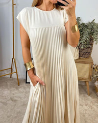 Damen Ärmelloses Plissee-Maxikleid mit Rundhals und Seitentasche in Beige