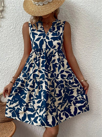 Damen Ärmelloses Stufenkleid mit V-Dekolleté und Blättermuster in Blau