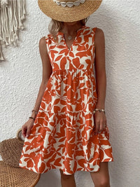 Damen Ärmelloses Stufenkleid mit V-Dekolleté und Blättermuster in Orange
