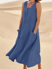 Damen Ärmelloses Midi-Kleid mit Rundhalsausschnitt und Fronttaschen in Blau