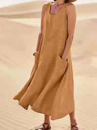 Damen Ärmelloses Midi-Kleid mit Rundhalsausschnitt und Fronttaschen in Braun