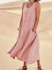 Damen Ärmelloses Midi-Kleid mit Rundhalsausschnitt und Fronttaschen in Rosa