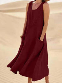 Damen Ärmelloses Midi-Kleid mit Rundhalsausschnitt und Fronttaschen in Rot