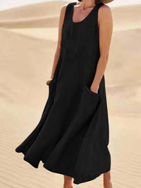 Damen Ärmelloses Midi-Kleid mit Rundhalsausschnitt und Fronttaschen in Schwarz