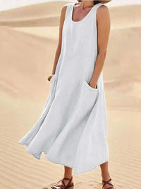 Damen Ärmelloses Midi-Kleid mit Rundhalsausschnitt und Fronttaschen in Weiß