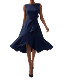 Damen Ärmelloses Midikleid mit Asymmetrischem Taillendetail und Ausgestelltem Saum in Marineblau