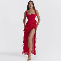 Damen Asymmetrisches Kleid mit Rüschenbesatz und eckigem Ausschnitt in Rot