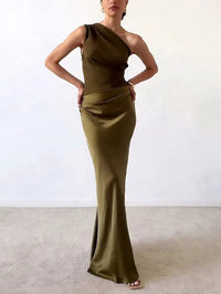 Damen Asymmetrisches Maxikleid mit Einschulterträger und Drapiertem Oberteil und Hüftraffung in Dunkelgrün