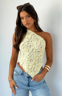 Damen Asymmetrisches Schulter-Top mit Spitzenmuster und diagonalem Saum in Gelb