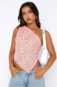 Damen Asymmetrisches Schulter-Top mit Spitzenmuster und diagonalem Saum in Rosa