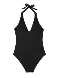 Damen-Badeanzug mit Nackenträger, V-Ausschnitt und Blattmuster in Schwarz