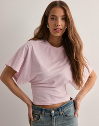 Damen Bauchfreies Top mit Weiten Ärmeln und Rundhals mit Geraffter Vorderseite in Rosa