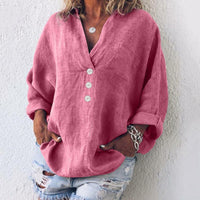 Elfriede | Damen Baumwoll-Leinen Oversized V-Ausschnitt Pullover Bluse in Rosa