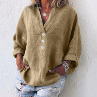 Elfriede | Damen Baumwoll-Leinen Oversized V-Ausschnitt Pullover Bluse in Khaki