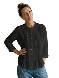 Damen Bluse mit Faltenfront und Knopfleiste in Schwarz