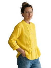Damen Bluse mit Faltenfront und Knopfleiste in Gelb