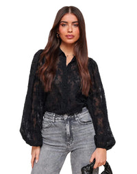 Damen-Bluse mit floraler Stickerei, transparentem Gewebe und Ballonärmeln in Schwarz