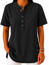 Damen Bluse mit Rundhalsausschnitt und Knopfleiste in Schwarz