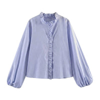 Damen-Bluse mit Rüschendetails und elastischen Ärmelbündchen in Hellblau